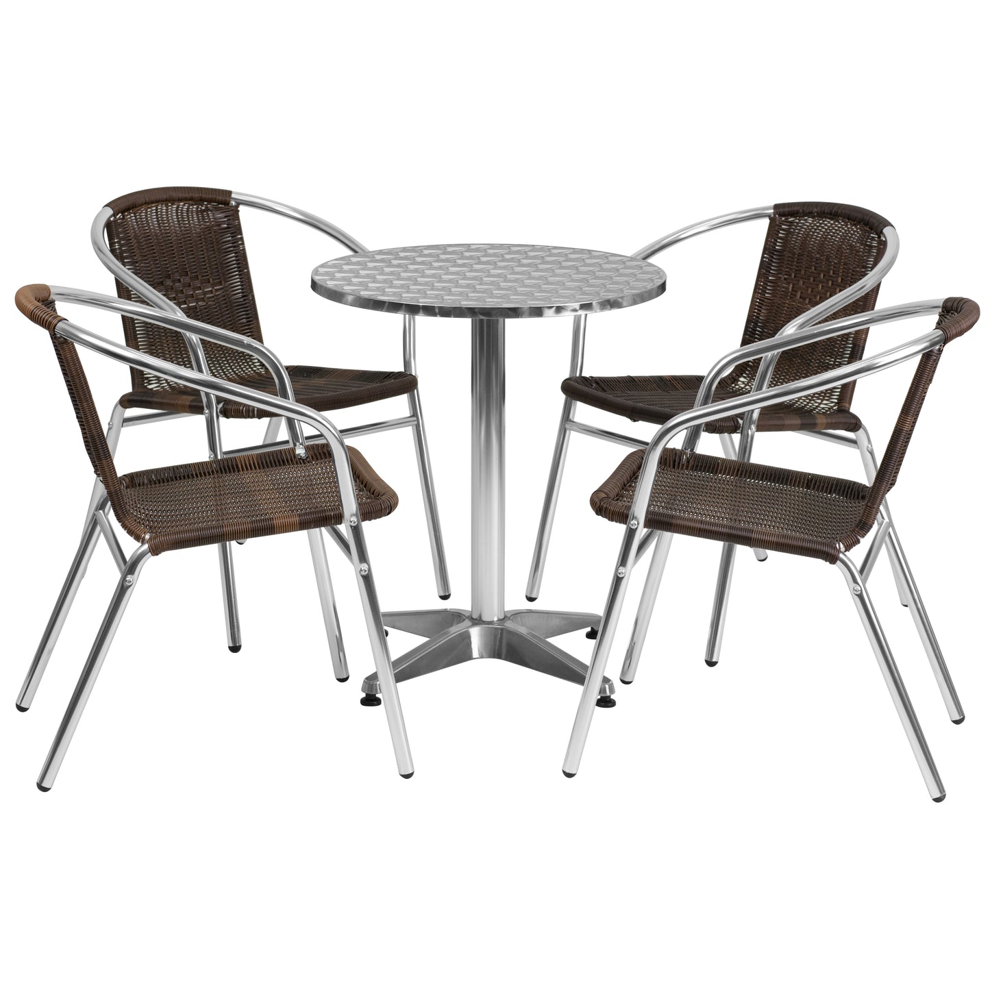 Lila 23.5'' Round Aluminum Indoor-Outdoor Table Set with 4 Dark Brown Rattan Chairs Dark Brown