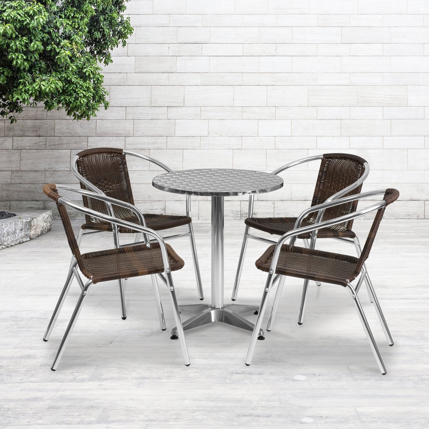 Lila 23.5'' Round Aluminum Indoor-Outdoor Table Set with 4 Dark Brown Rattan Chairs Dark Brown