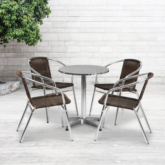 Lila 23.5'' Round Aluminum Indoor-Outdoor Table Set with 4 Dark Brown Rattan Chairs Dark Brown