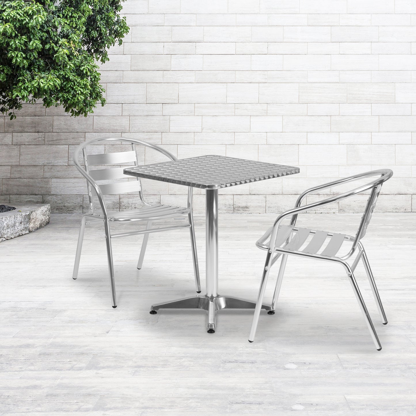 Lila 23.5'' Square Aluminum Indoor-Outdoor Table Set with 2 Slat Back Chairs Aluminum
