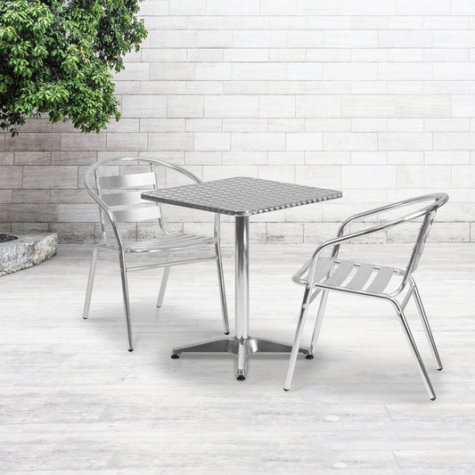 Lila 23.5'' Square Aluminum Indoor-Outdoor Table Set with 2 Slat Back Chairs Aluminum