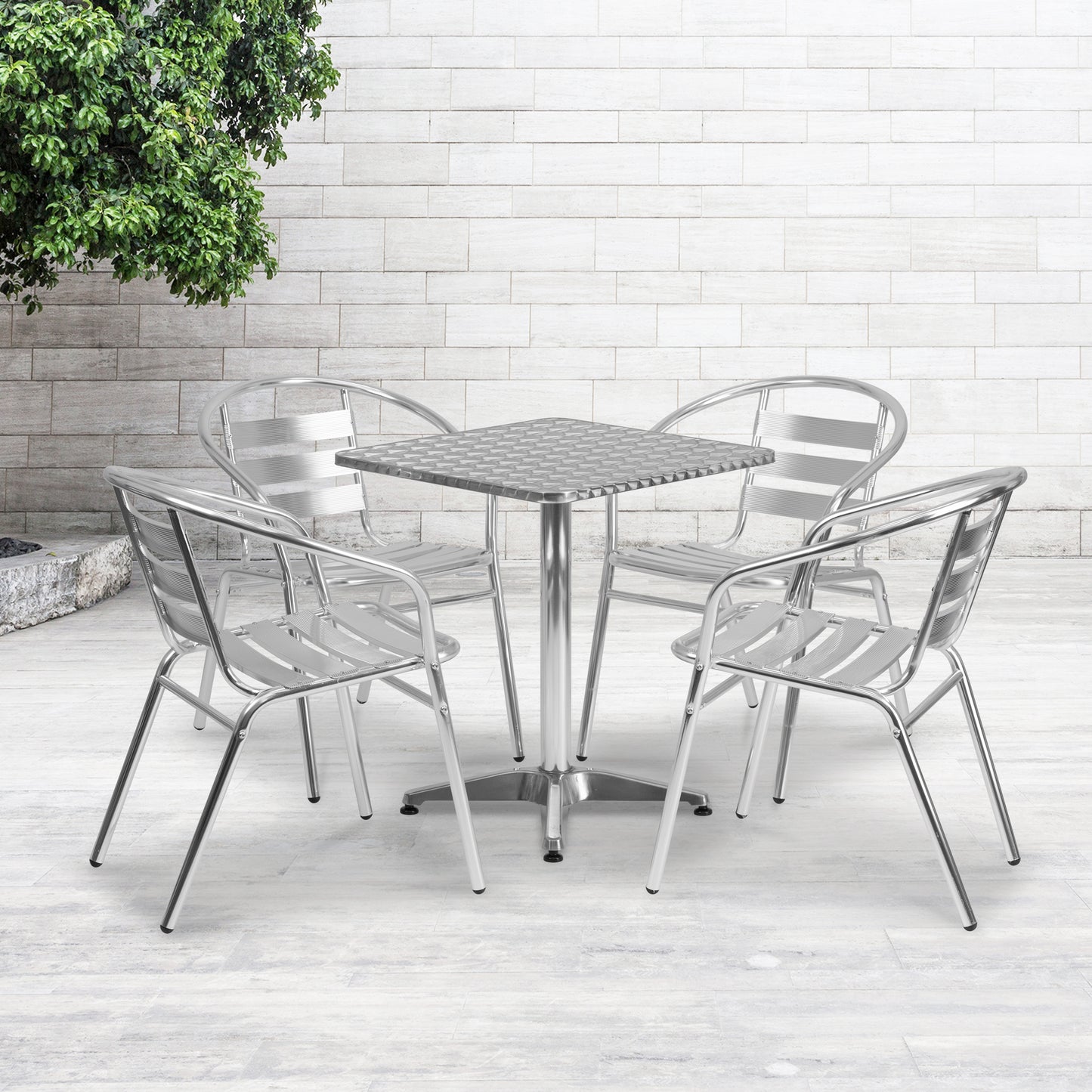Lila 23.5'' Square Aluminum Indoor-Outdoor Table Set with 4 Slat Back Chairs Aluminum