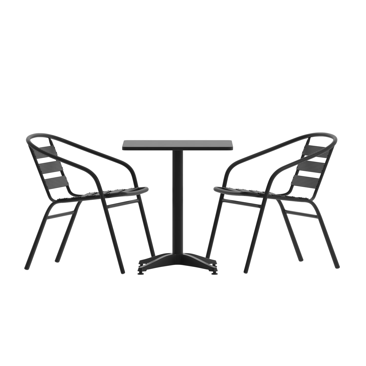Lila 23.5'' Black Square Aluminum Indoor-Outdoor Table Set with 2 Black Slat Back Chairs Black