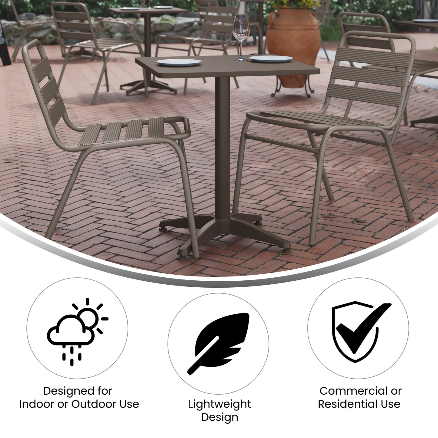 Lila 23.5'' Black Square Aluminum Indoor-Outdoor Table Set with 2 Black Slat Back Chairs Black