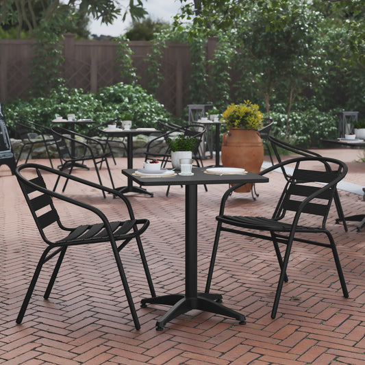 Lila 23.5'' Black Square Aluminum Indoor-Outdoor Table Set with 2 Black Slat Back Chairs Black