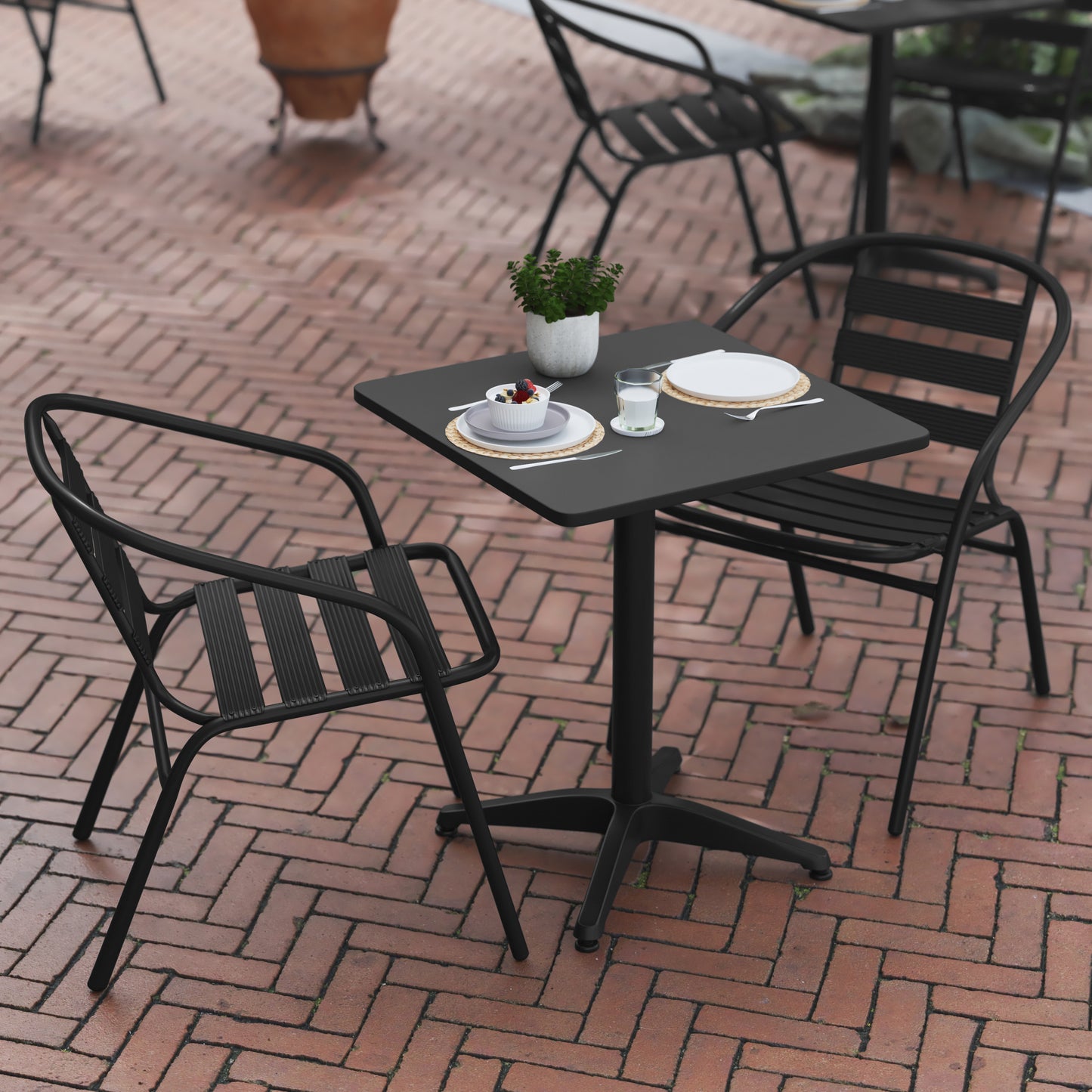 Lila 23.5'' Black Square Aluminum Indoor-Outdoor Table Set with 2 Black Slat Back Chairs Black