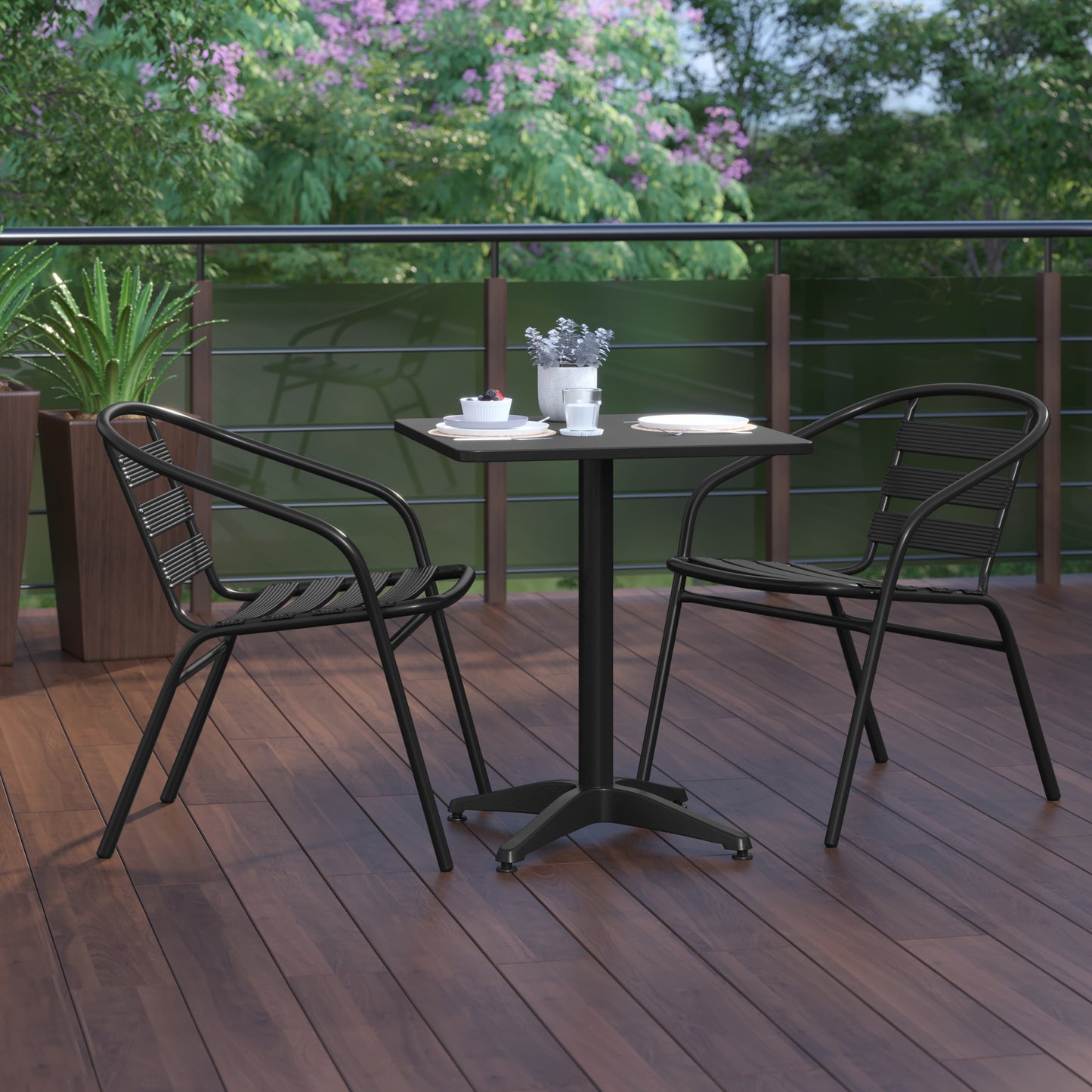 Lila 23.5'' Black Square Aluminum Indoor-Outdoor Table Set with 2 Black Slat Back Chairs Black
