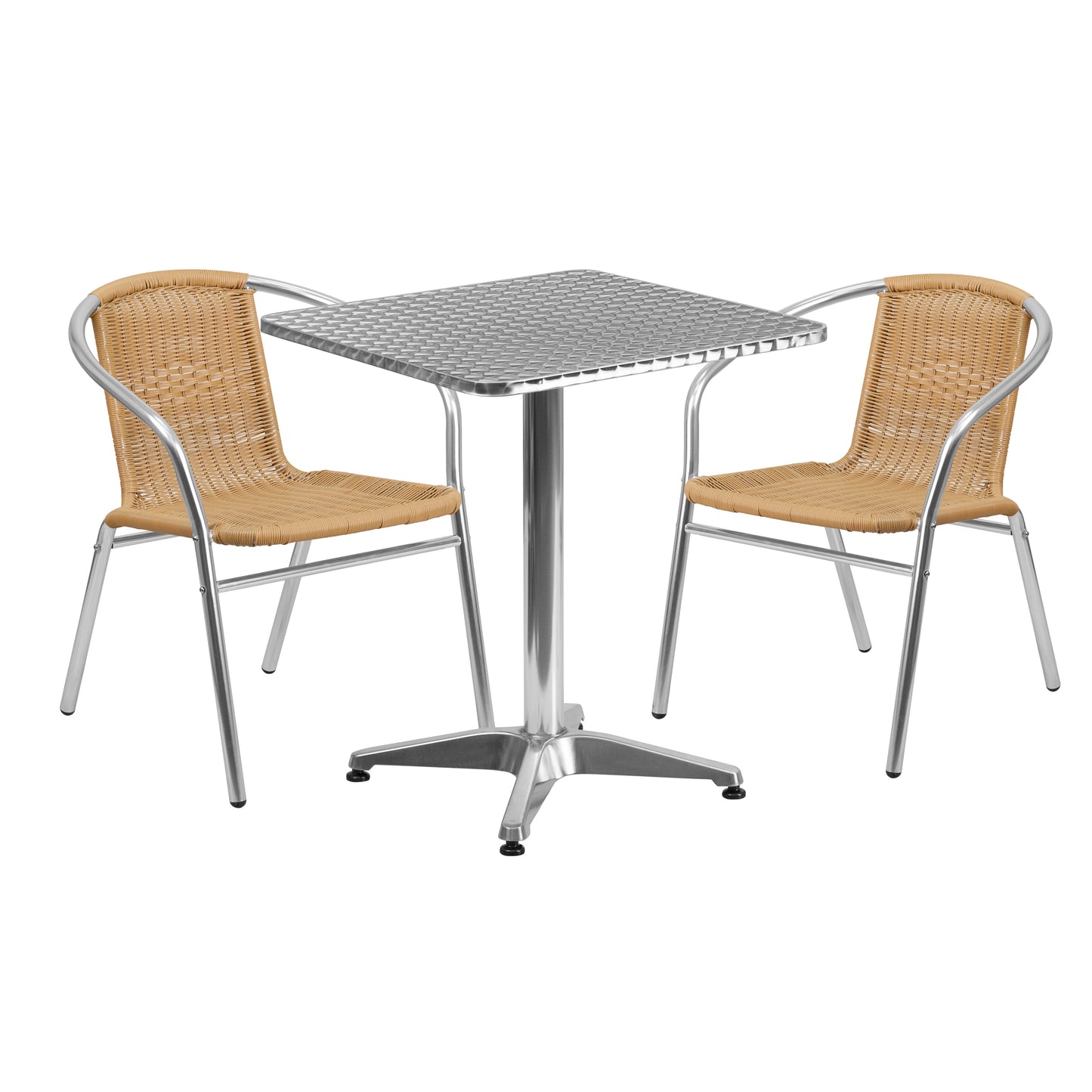 Lila 23.5'' Square Aluminum Indoor-Outdoor Table Set with 2 Beige Rattan Chairs Beige