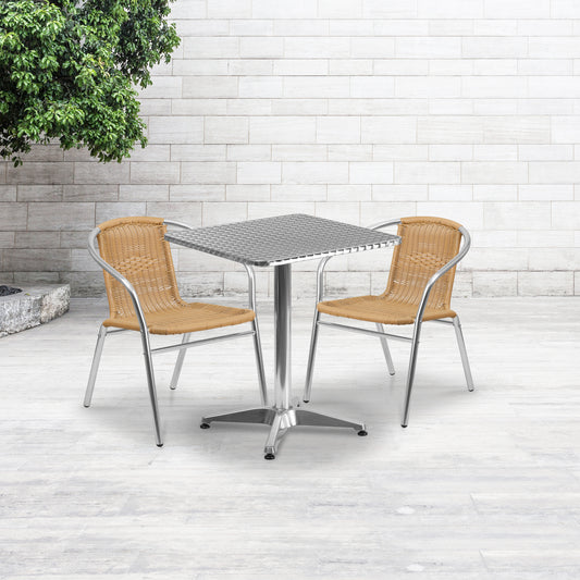 Lila 23.5'' Square Aluminum Indoor-Outdoor Table Set with 2 Beige Rattan Chairs Beige
