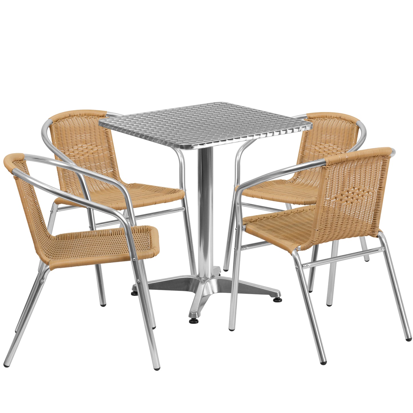 Lila 23.5'' Square Aluminum Indoor-Outdoor Table Set with 4 Beige Rattan Chairs Beige