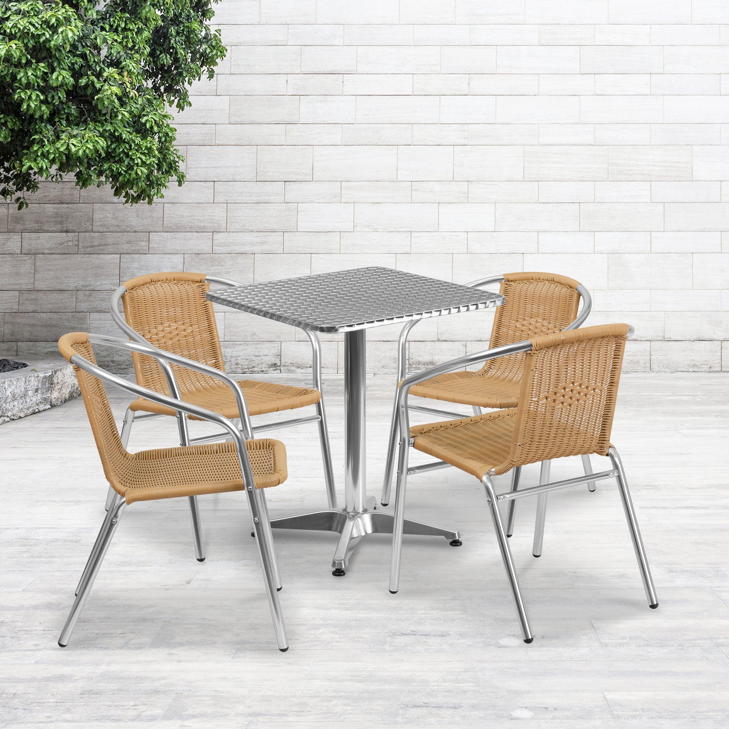 Lila 23.5'' Square Aluminum Indoor-Outdoor Table Set with 4 Beige Rattan Chairs Beige