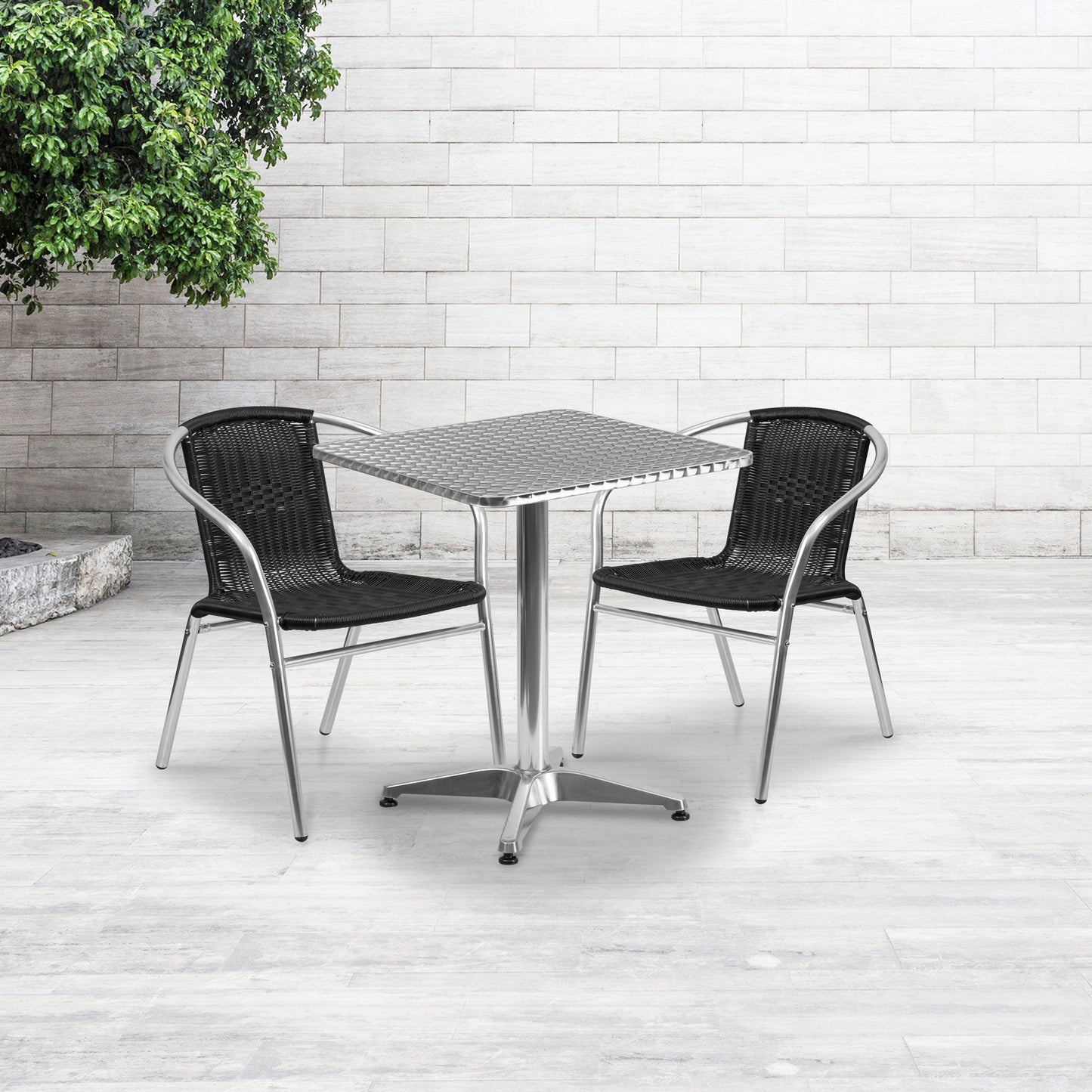 Lila 23.5'' Square Aluminum Indoor-Outdoor Table Set with 2 Black Rattan Chairs Black