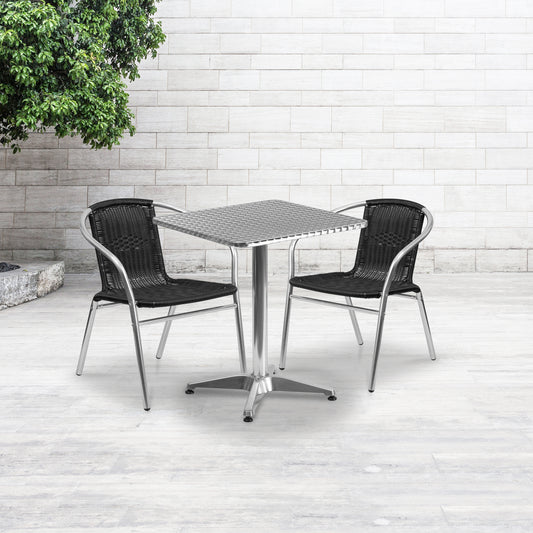 Lila 23.5'' Square Aluminum Indoor-Outdoor Table Set with 2 Black Rattan Chairs Black