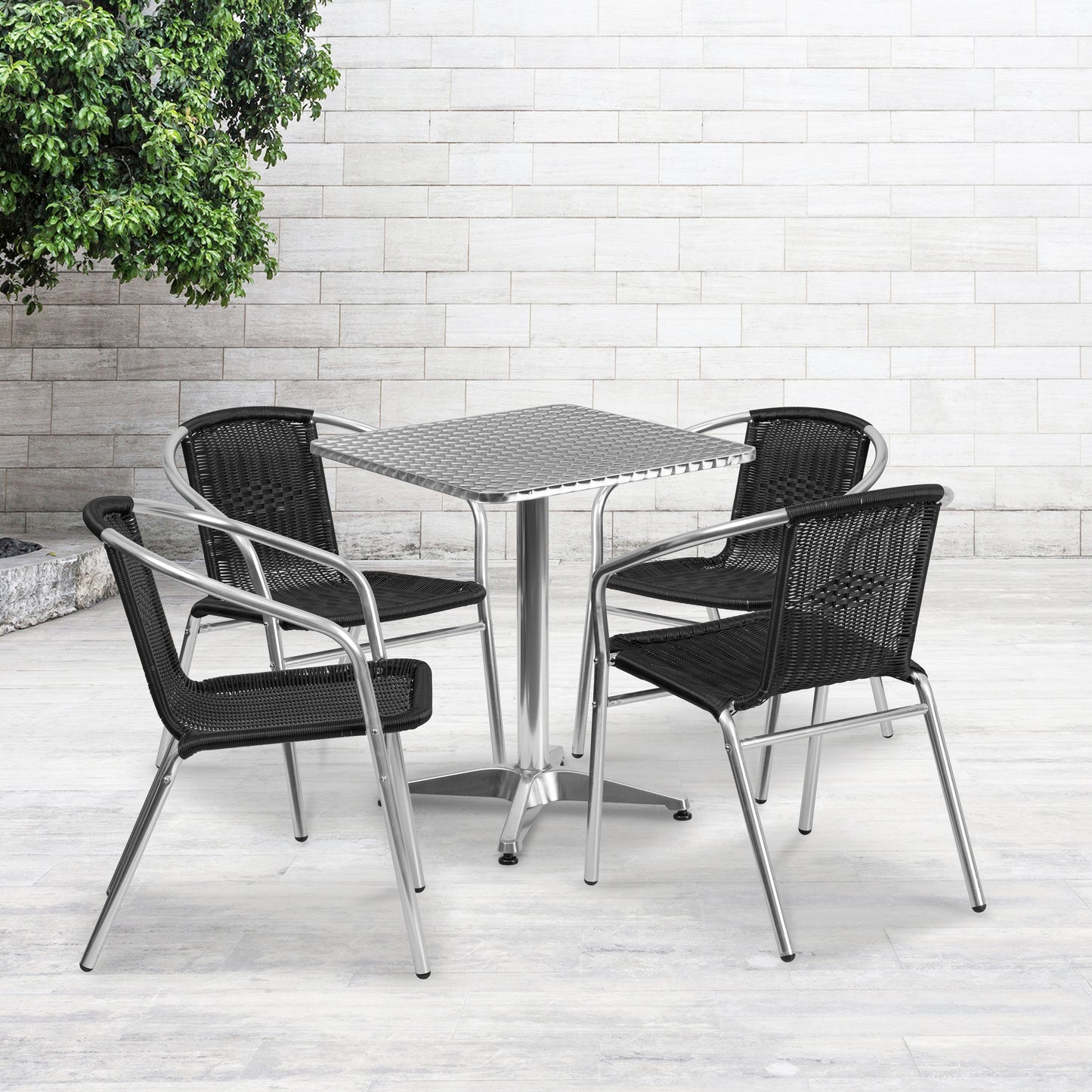 Lila 23.5'' Square Aluminum Indoor-Outdoor Table Set with 4 Black Rattan Chairs Black