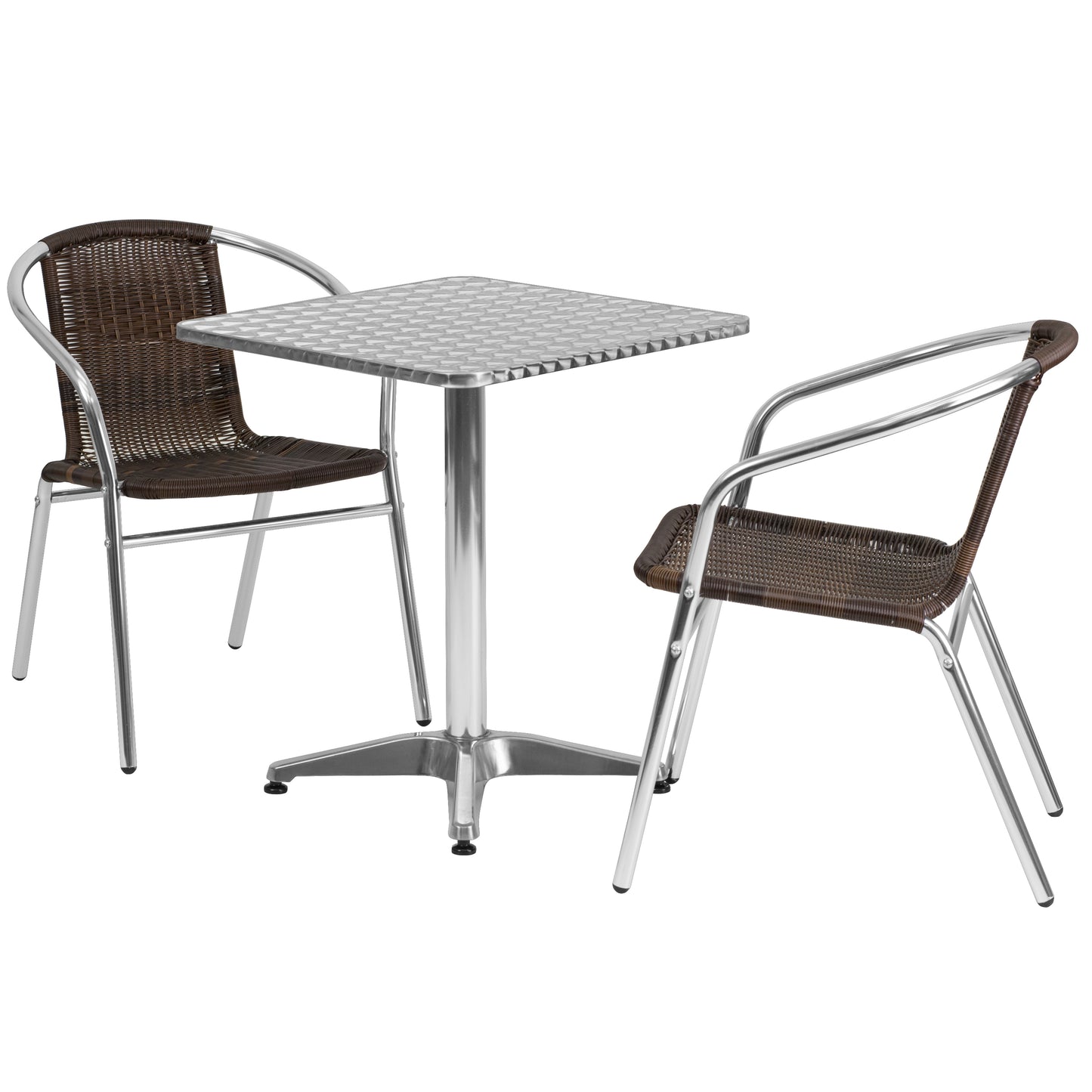 Lila 23.5'' Square Aluminum Indoor-Outdoor Table Set with 2 Dark Brown Rattan Chairs Dark Brown