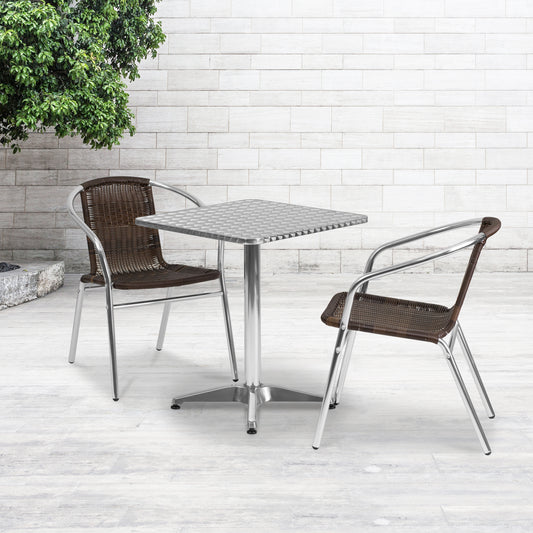 Lila 23.5'' Square Aluminum Indoor-Outdoor Table Set with 2 Dark Brown Rattan Chairs Dark Brown