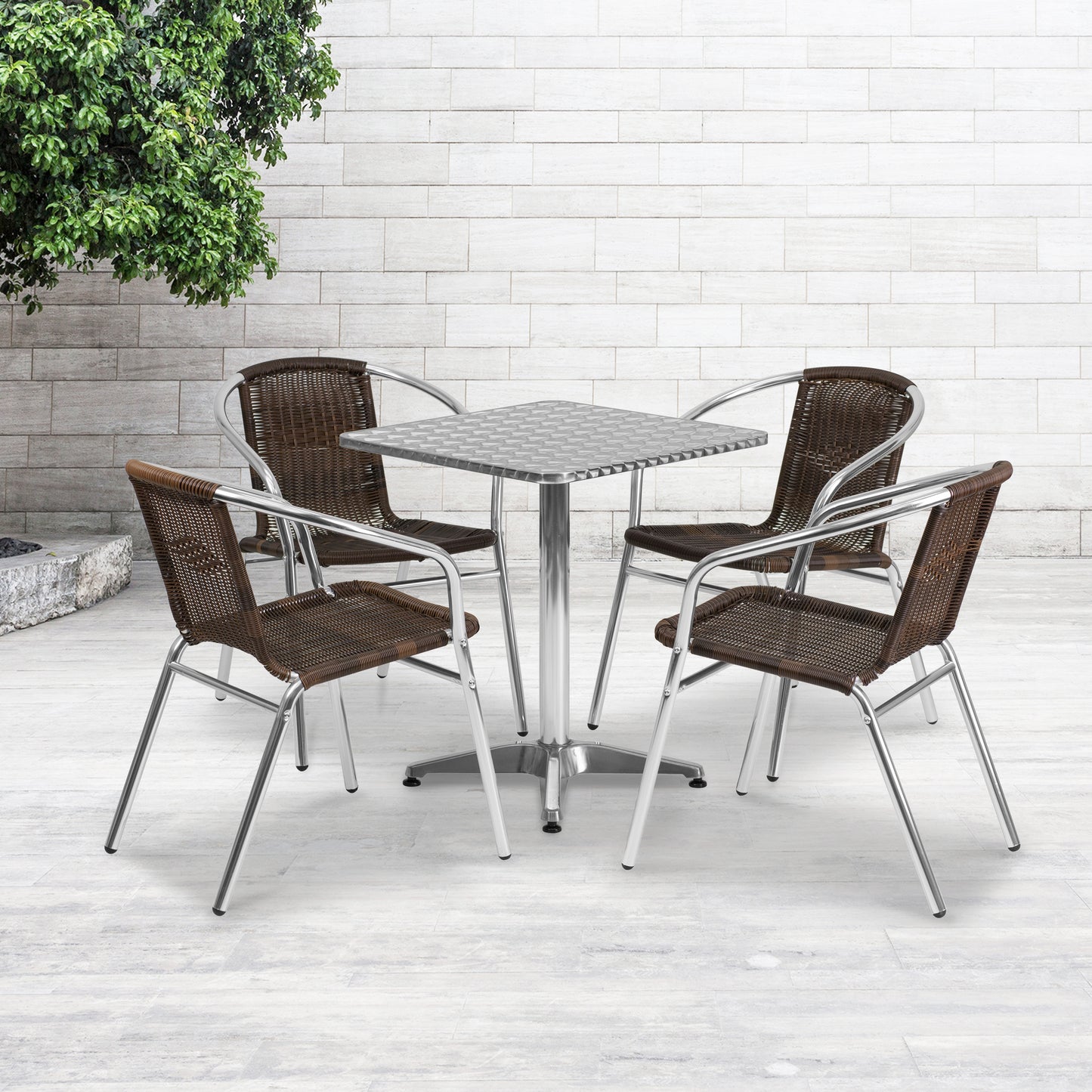 Lila 23.5'' Square Aluminum Indoor-Outdoor Table Set with 4 Dark Brown Rattan Chairs Dark Brown