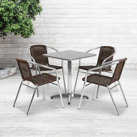 Lila 23.5'' Square Aluminum Indoor-Outdoor Table Set with 4 Dark Brown Rattan Chairs Dark Brown