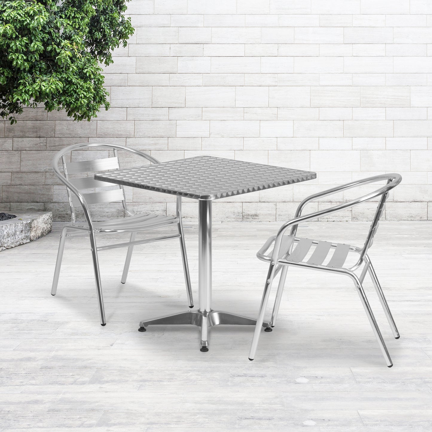Lila 27.5'' Square Aluminum Indoor-Outdoor Table Set with 2 Slat Back Chairs Aluminum