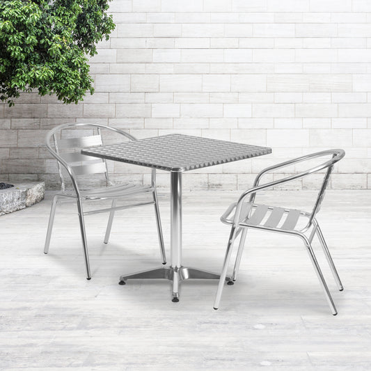 Lila 27.5'' Square Aluminum Indoor-Outdoor Table Set with 2 Slat Back Chairs Aluminum