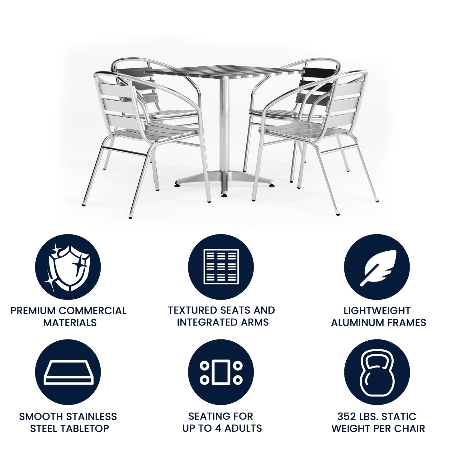Lila 27.5'' Square Aluminum Indoor-Outdoor Table Set with 4 Slat Back Chairs Aluminum