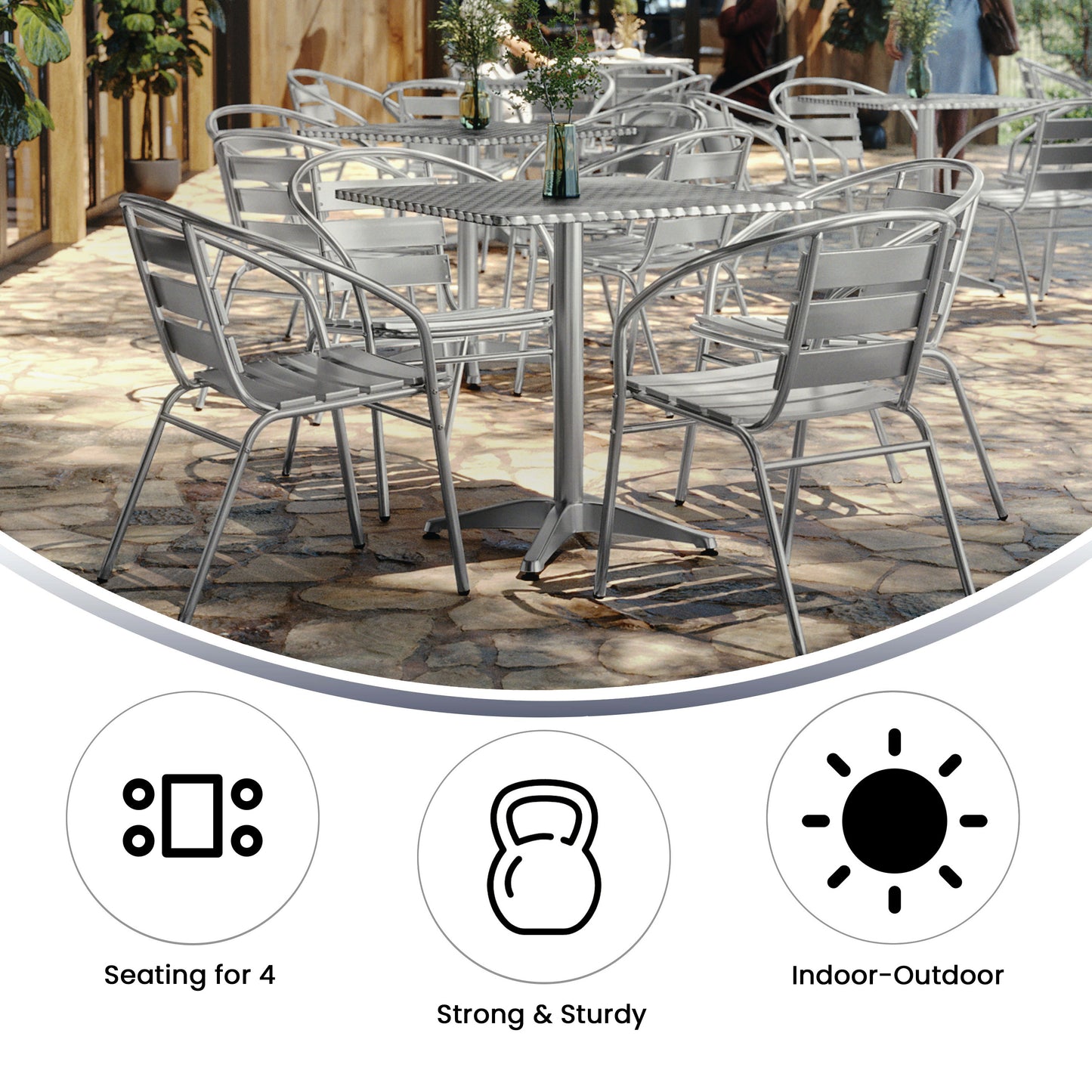 Lila 27.5'' Square Aluminum Indoor-Outdoor Table Set with 4 Slat Back Chairs Aluminum