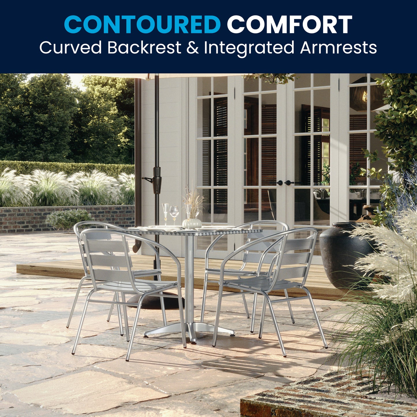 Lila 27.5'' Square Aluminum Indoor-Outdoor Table Set with 4 Slat Back Chairs Aluminum