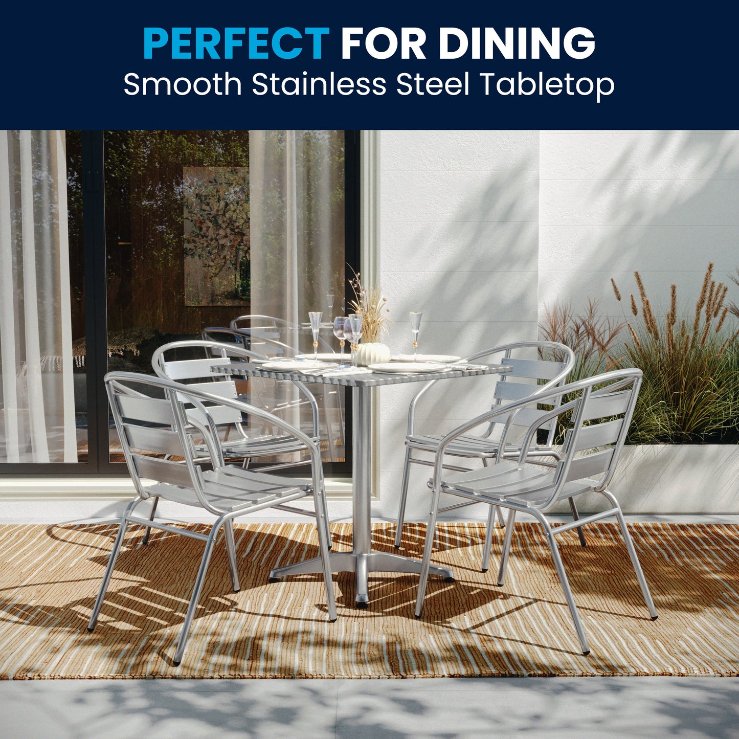 Lila 27.5'' Square Aluminum Indoor-Outdoor Table Set with 4 Slat Back Chairs Aluminum