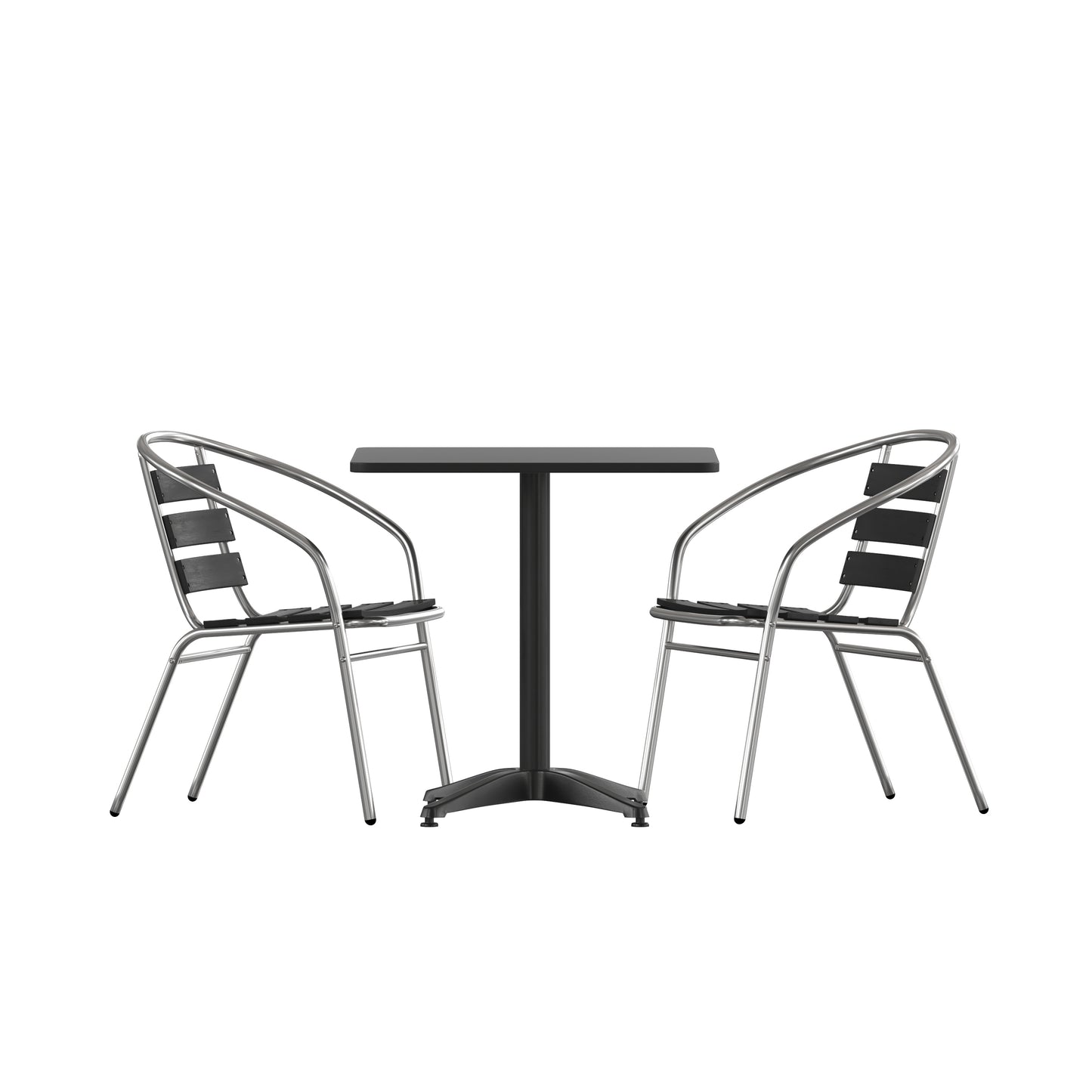 Lila 27.5'' Black Square Aluminum Indoor-Outdoor Table Set with 2 Black Slat Back Chairs Black