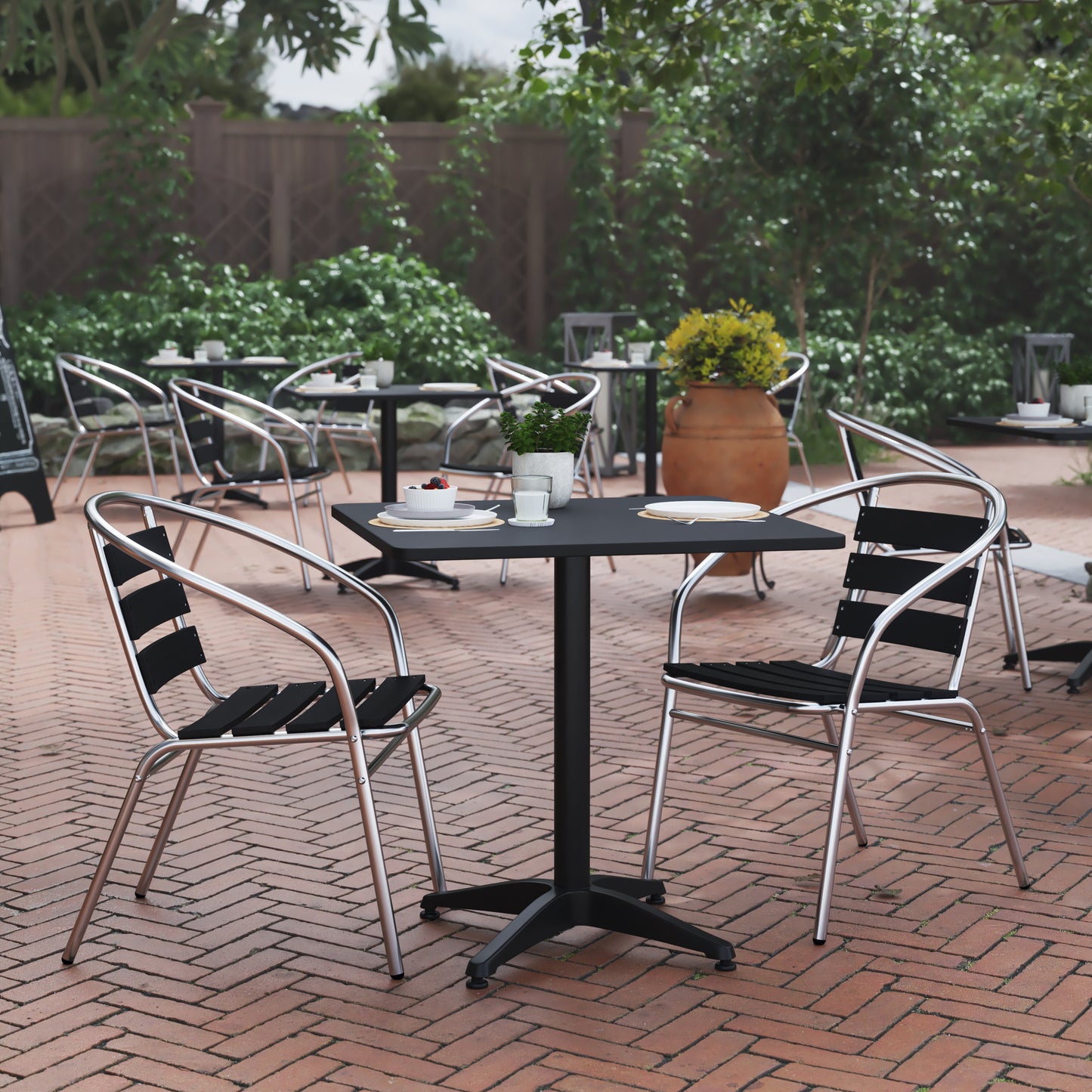 Lila 27.5'' Black Square Aluminum Indoor-Outdoor Table Set with 2 Black Slat Back Chairs Black