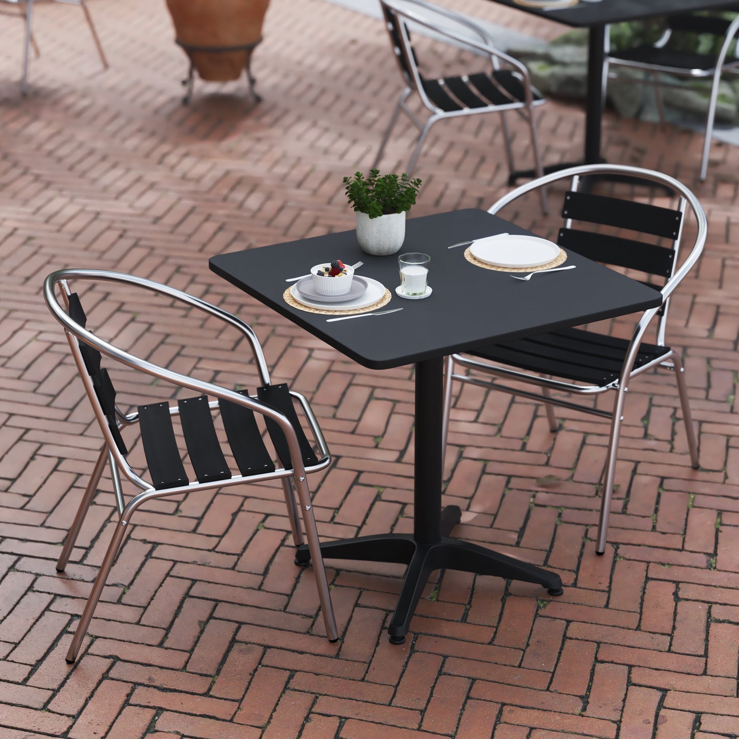 Lila 27.5'' Black Square Aluminum Indoor-Outdoor Table Set with 2 Black Slat Back Chairs Black