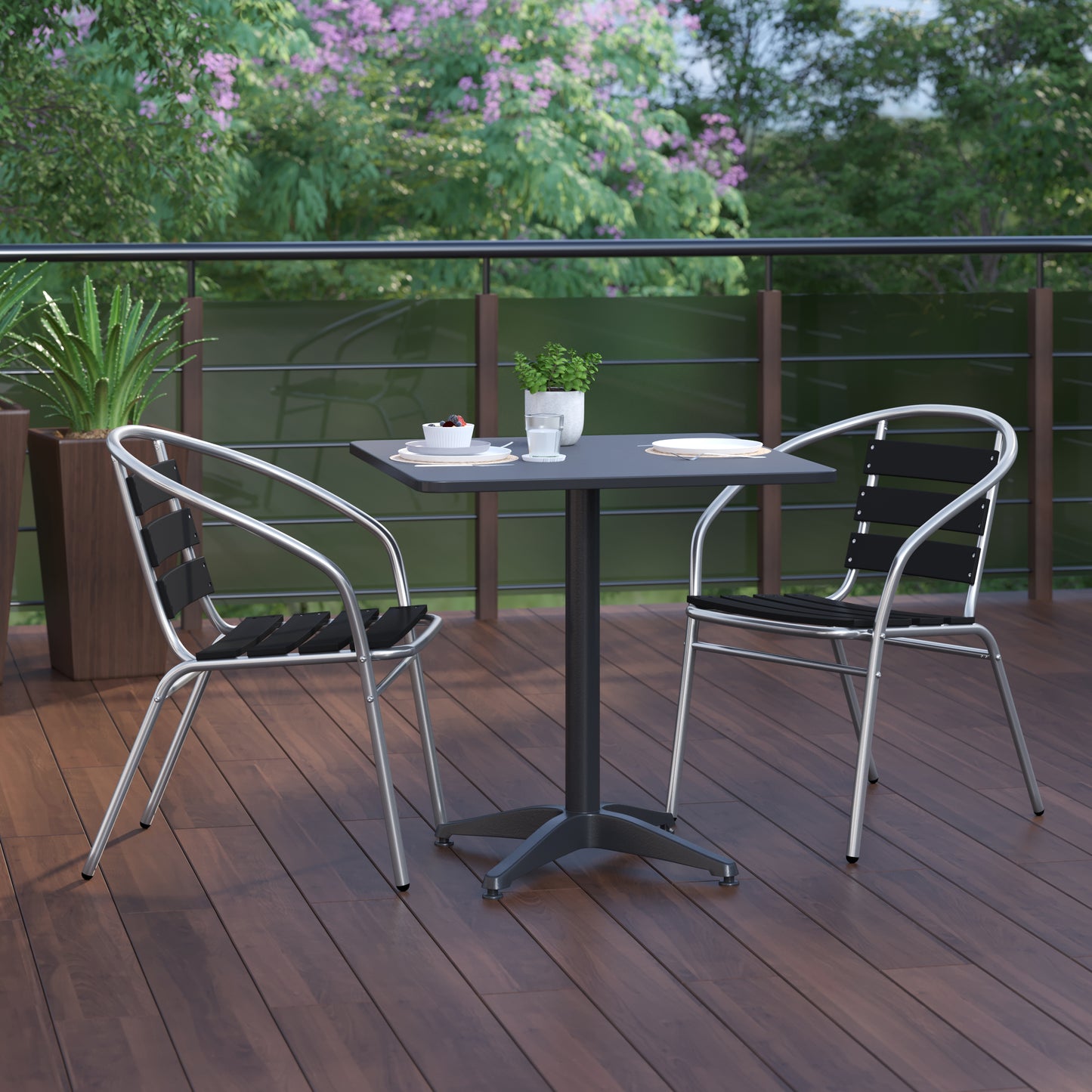 Lila 27.5'' Black Square Aluminum Indoor-Outdoor Table Set with 2 Black Slat Back Chairs Black
