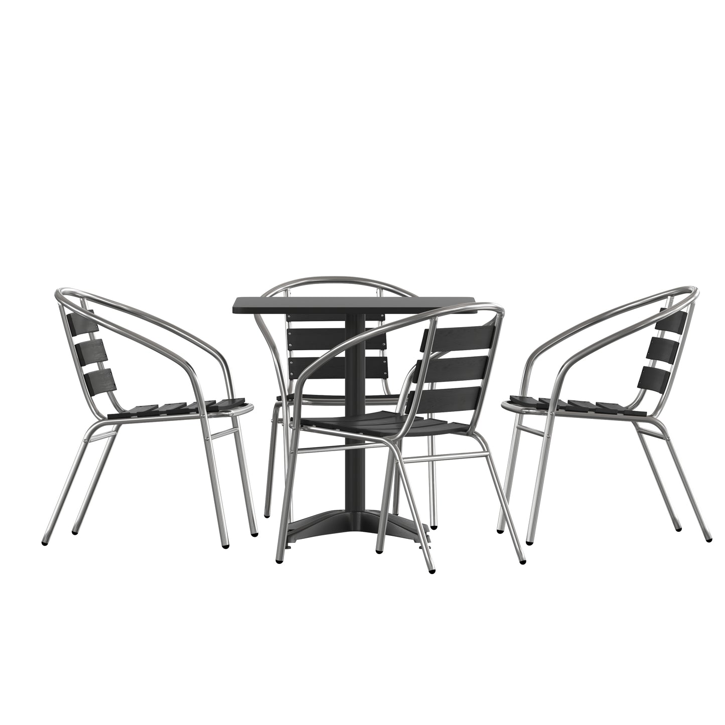 Lila 27.5'' Black Square Aluminum Indoor-Outdoor Table Set with 4 Black Slat Back Chairs Black