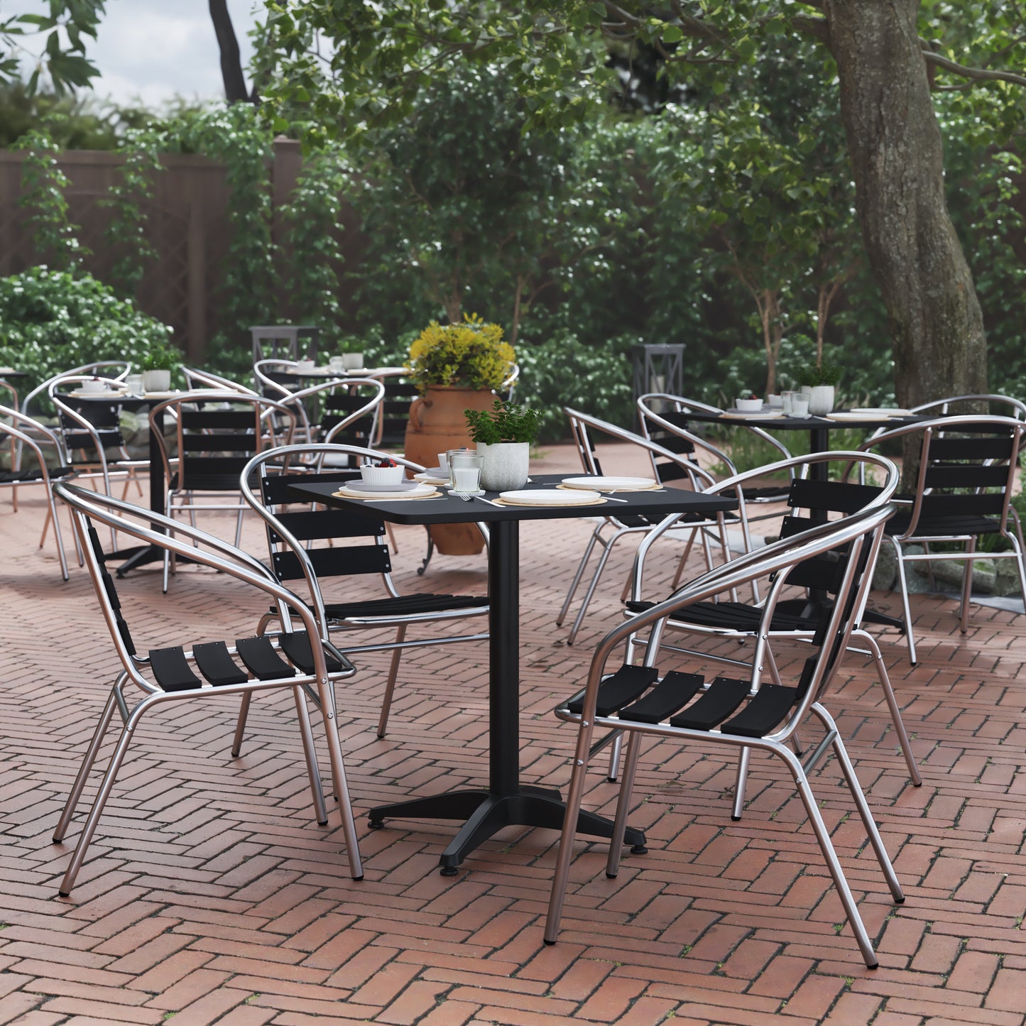Lila 27.5'' Black Square Aluminum Indoor-Outdoor Table Set with 4 Black Slat Back Chairs Black