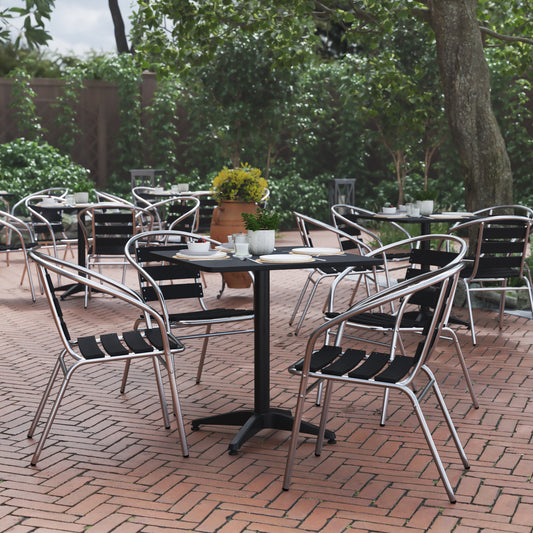 Lila 27.5'' Black Square Aluminum Indoor-Outdoor Table Set with 4 Black Slat Back Chairs Black