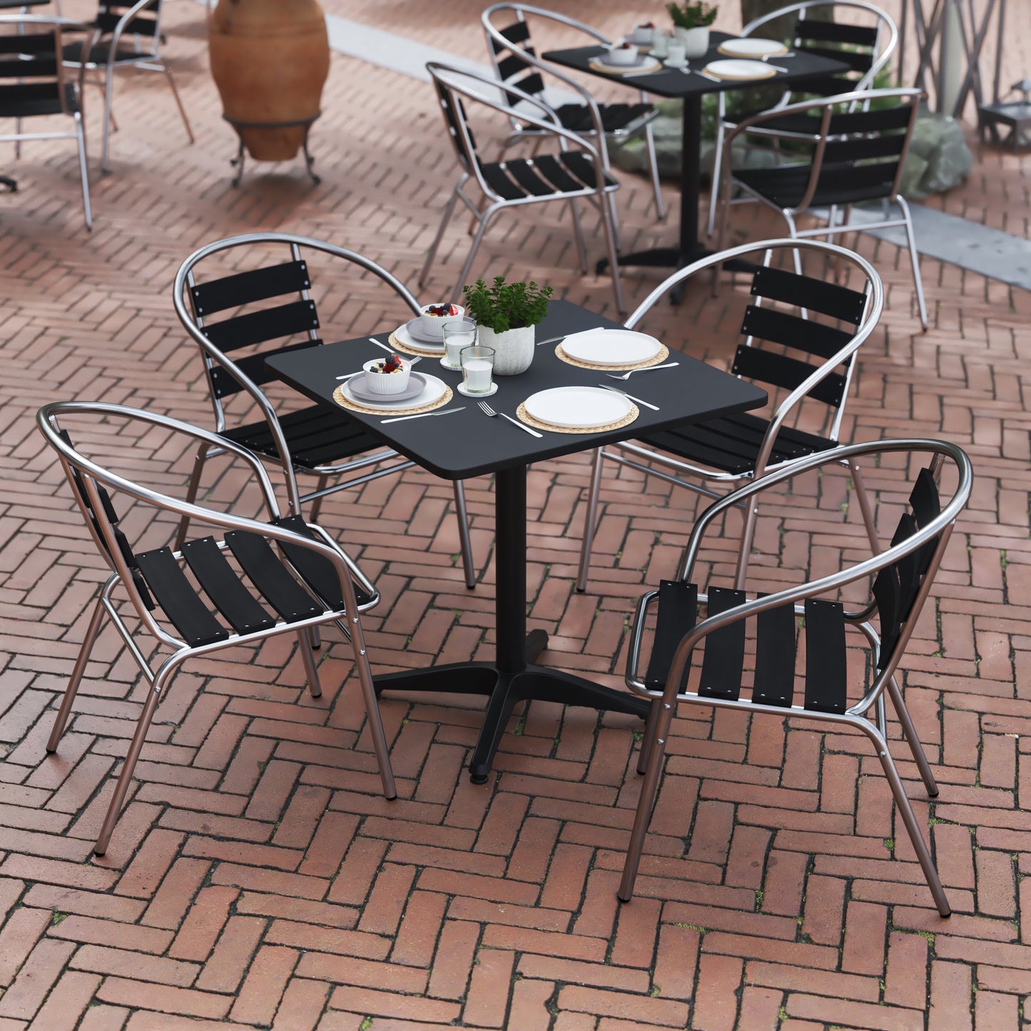 Lila 27.5'' Black Square Aluminum Indoor-Outdoor Table Set with 4 Black Slat Back Chairs Black