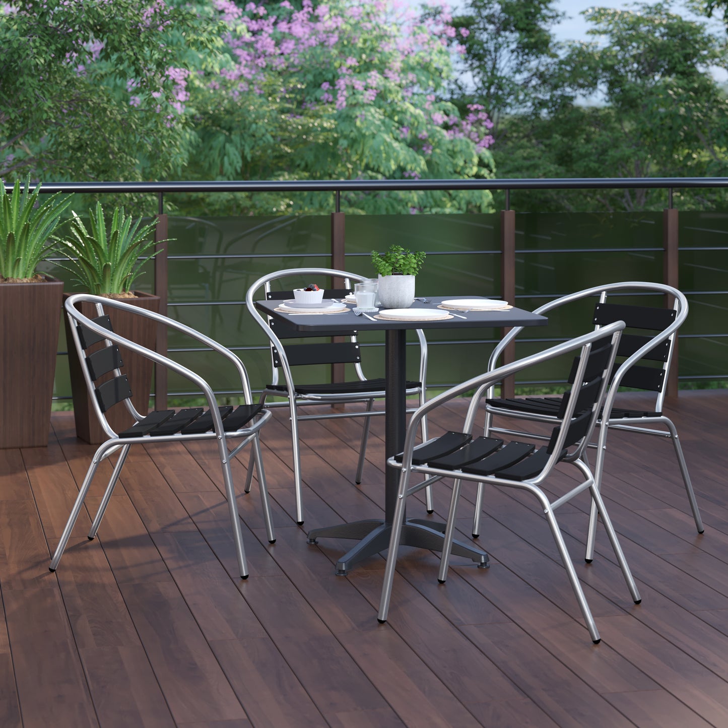 Lila 27.5'' Black Square Aluminum Indoor-Outdoor Table Set with 4 Black Slat Back Chairs Black