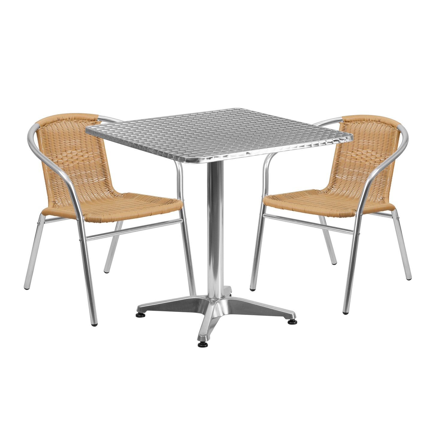 Lila 27.5'' Square Aluminum Indoor-Outdoor Table Set with 2 Beige Rattan Chairs Beige