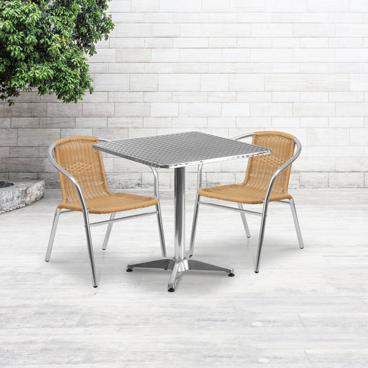 Lila 27.5'' Square Aluminum Indoor-Outdoor Table Set with 2 Beige Rattan Chairs Beige