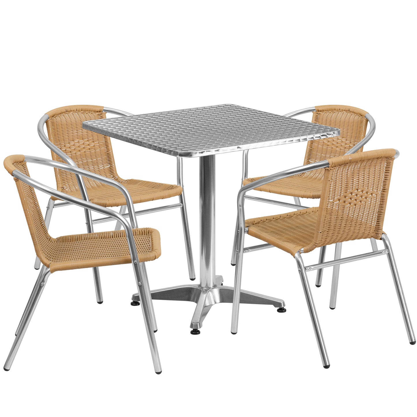 Lila 27.5'' Square Aluminum Indoor-Outdoor Table Set with 4 Beige Rattan Chairs Beige