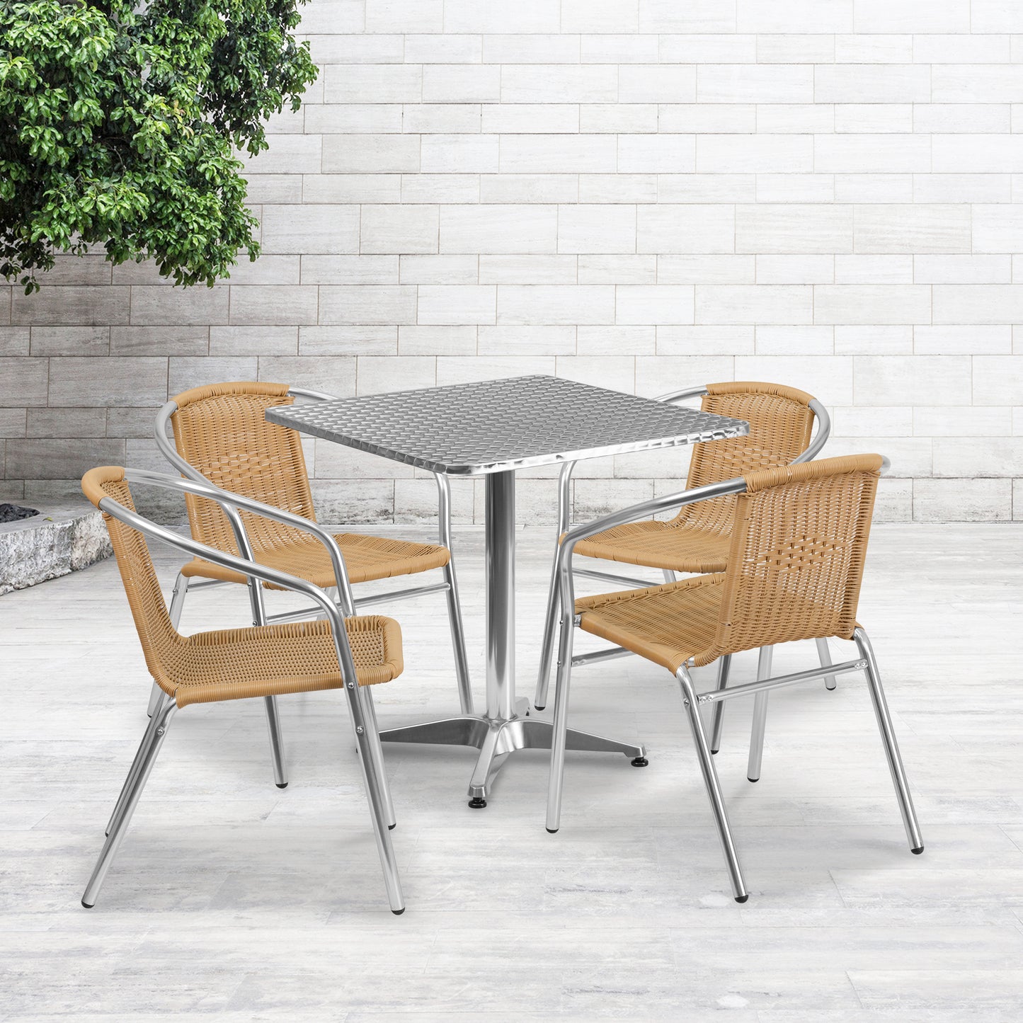 Lila 27.5'' Square Aluminum Indoor-Outdoor Table Set with 4 Beige Rattan Chairs Beige