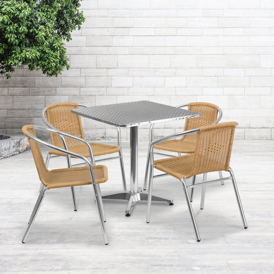 Lila 27.5'' Square Aluminum Indoor-Outdoor Table Set with 4 Beige Rattan Chairs Beige