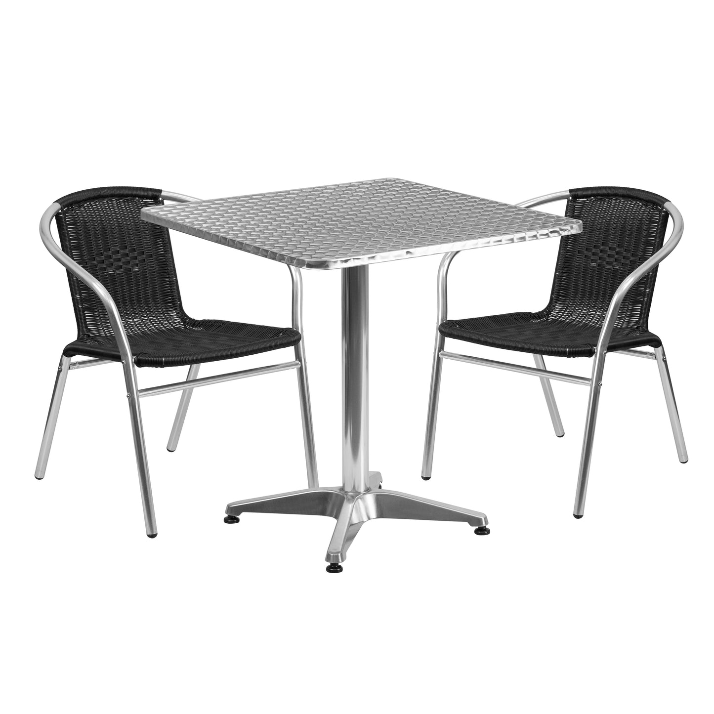 Lila 27.5'' Square Aluminum Indoor-Outdoor Table Set with 2 Black Rattan Chairs Black
