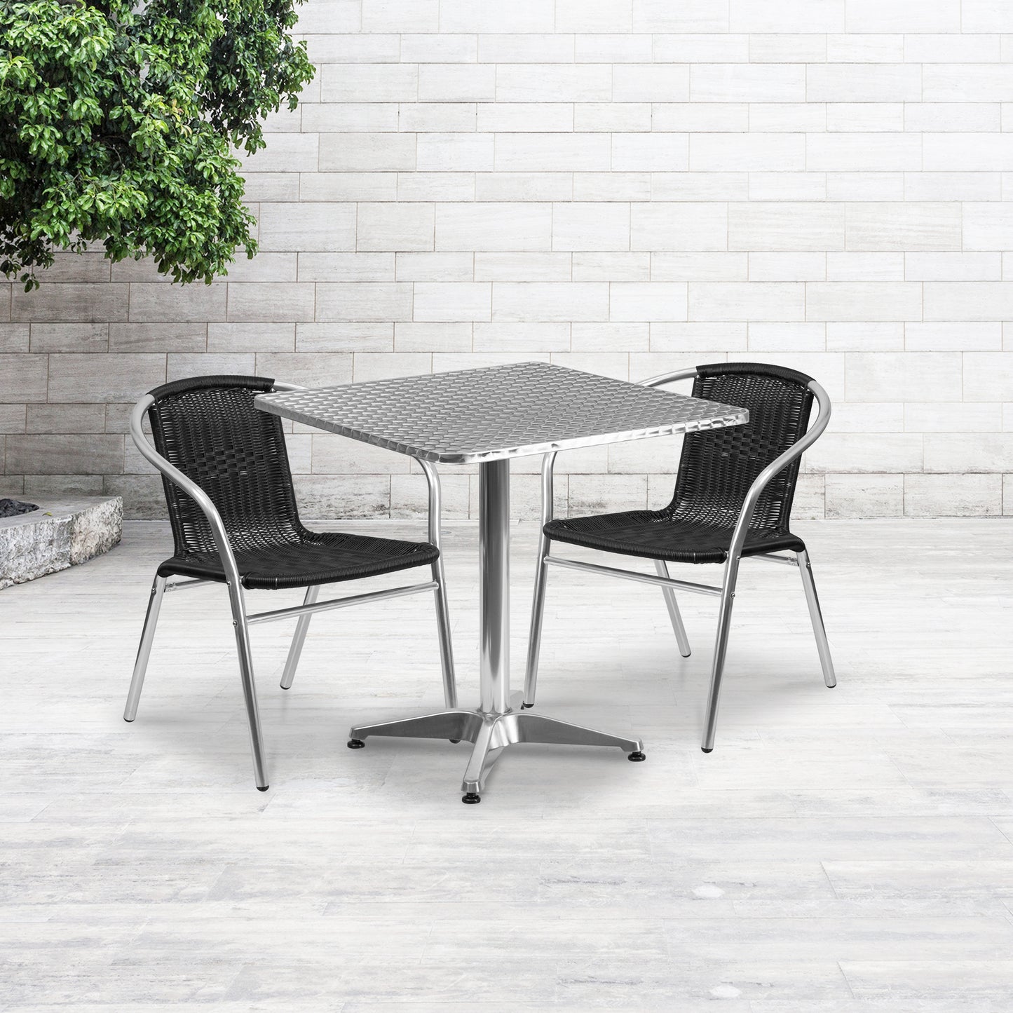 Lila 27.5'' Square Aluminum Indoor-Outdoor Table Set with 2 Black Rattan Chairs Black