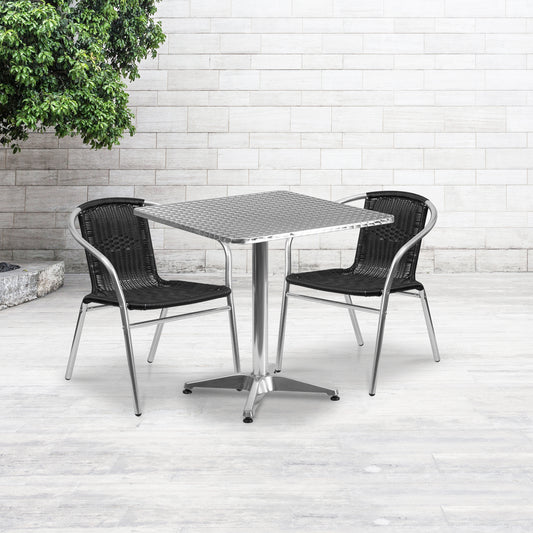 Lila 27.5'' Square Aluminum Indoor-Outdoor Table Set with 2 Black Rattan Chairs Black