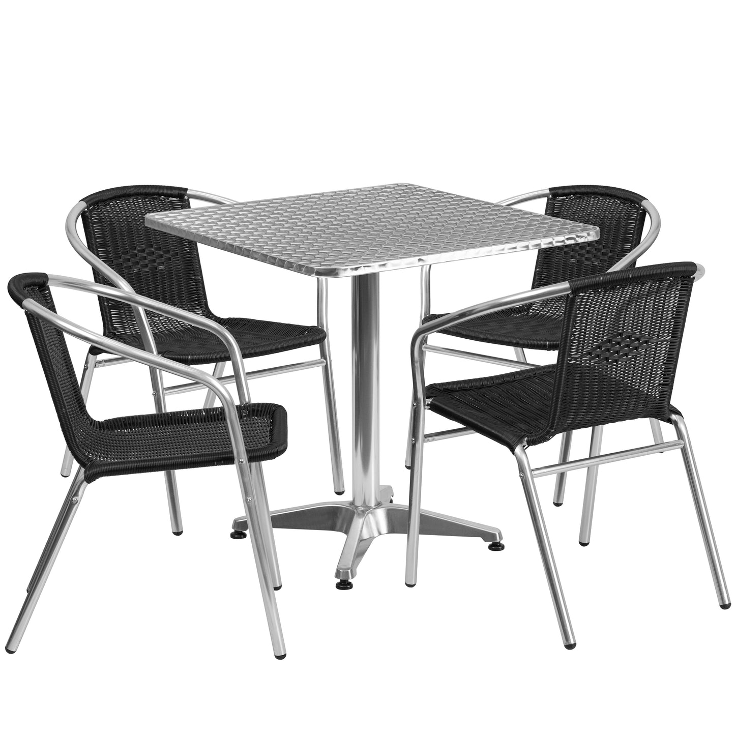 Lila 27.5'' Square Aluminum Indoor-Outdoor Table Set with 4 Black Rattan Chairs Black