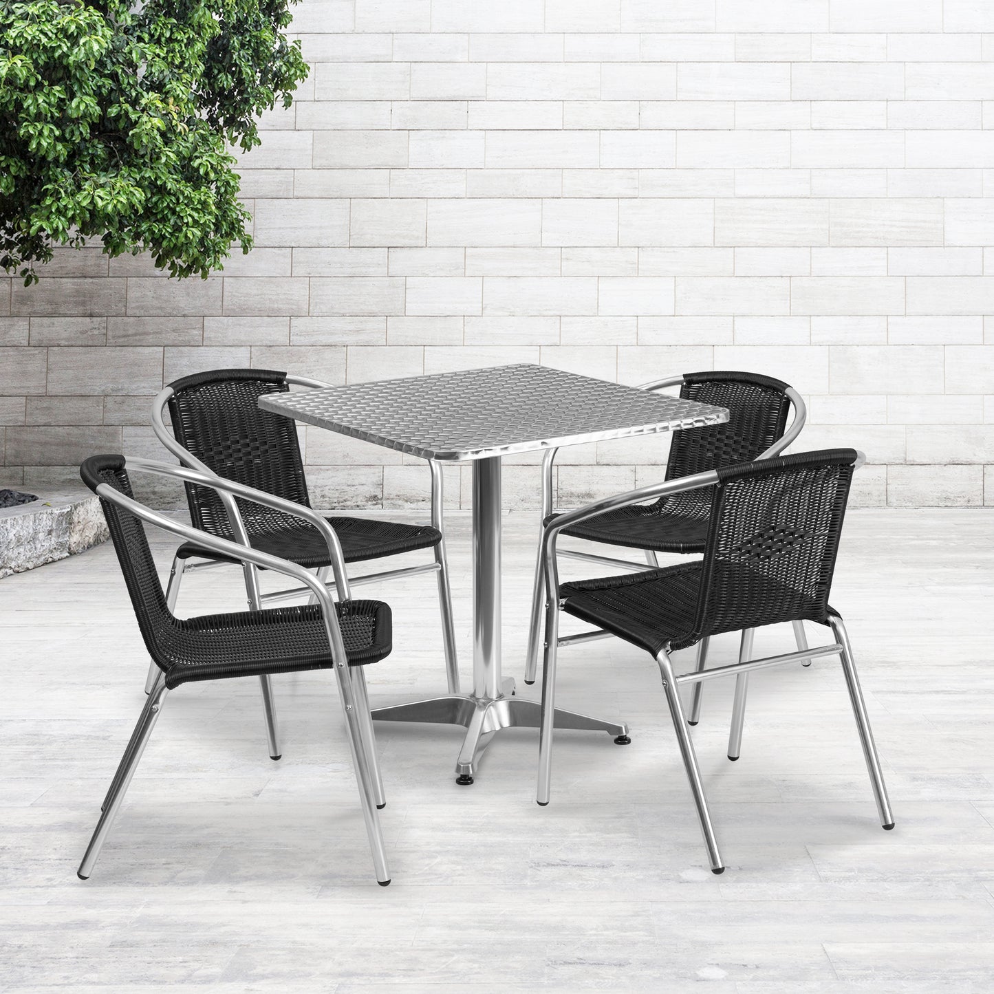 Lila 27.5'' Square Aluminum Indoor-Outdoor Table Set with 4 Black Rattan Chairs Black