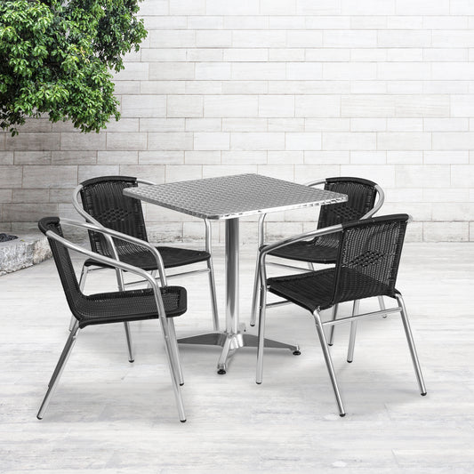 Lila 27.5'' Square Aluminum Indoor-Outdoor Table Set with 4 Black Rattan Chairs Black