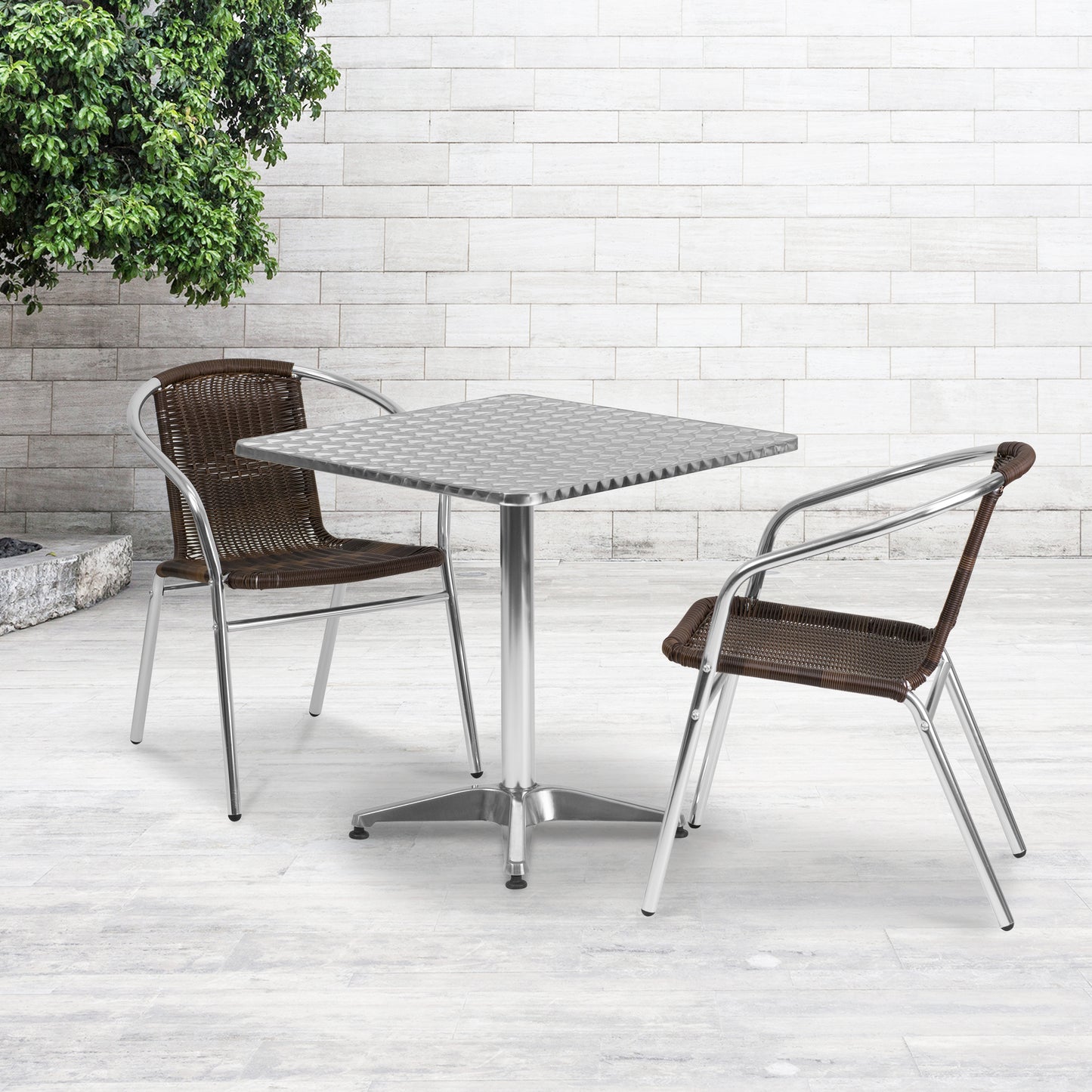 Lila 27.5'' Square Aluminum Indoor-Outdoor Table Set with 2 Dark Brown Rattan Chairs Dark Brown
