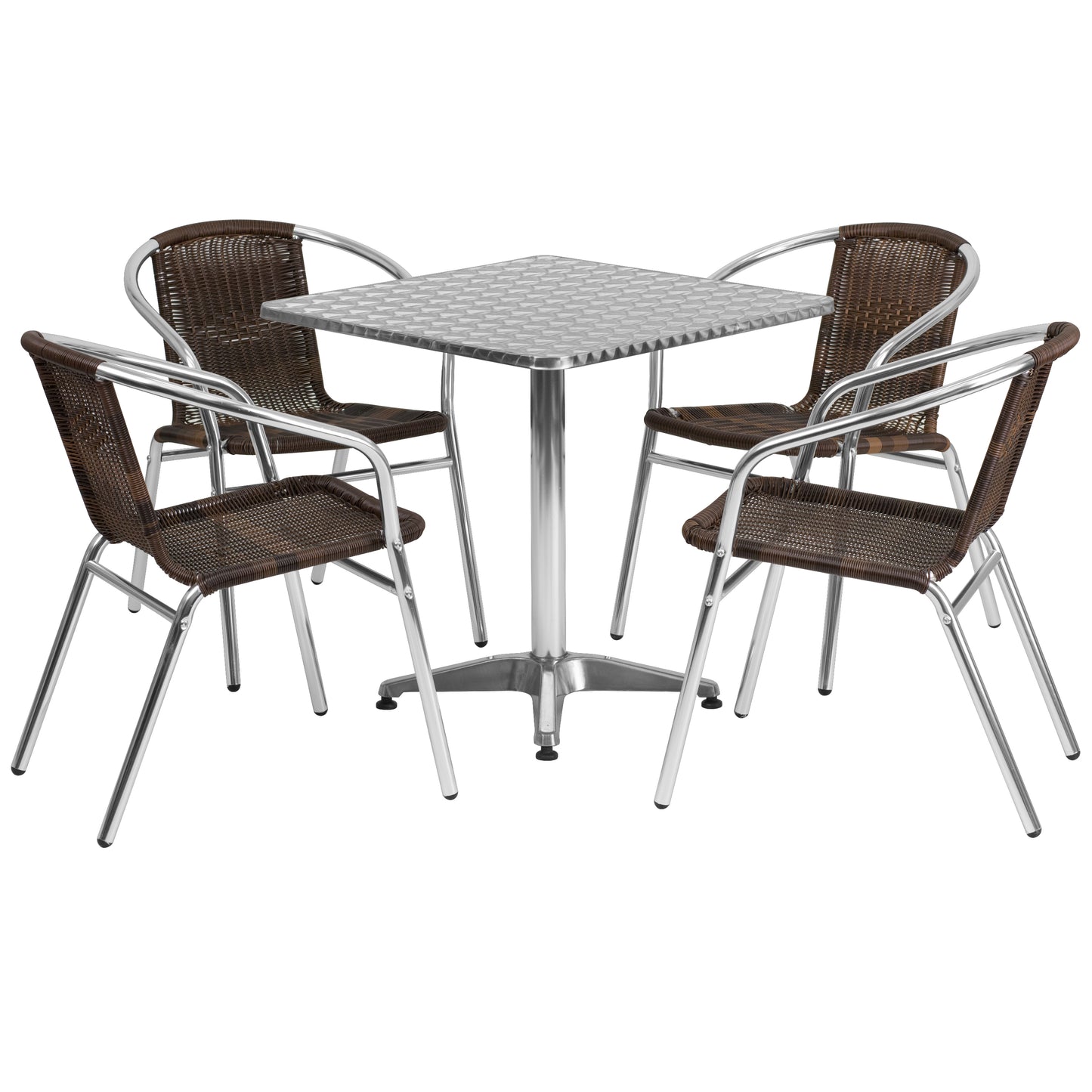 Lila 27.5'' Square Aluminum Indoor-Outdoor Table Set with 4 Dark Brown Rattan Chairs Dark Brown